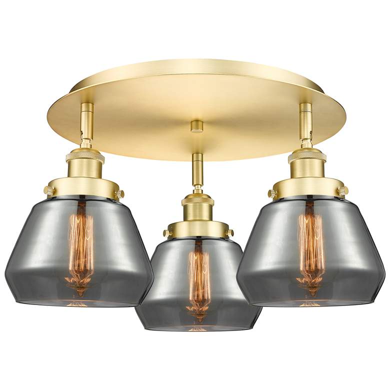Image 1 Fulton 18.25"W 3 Light Satin Gold Flush Mount With Plated Smoke Glass