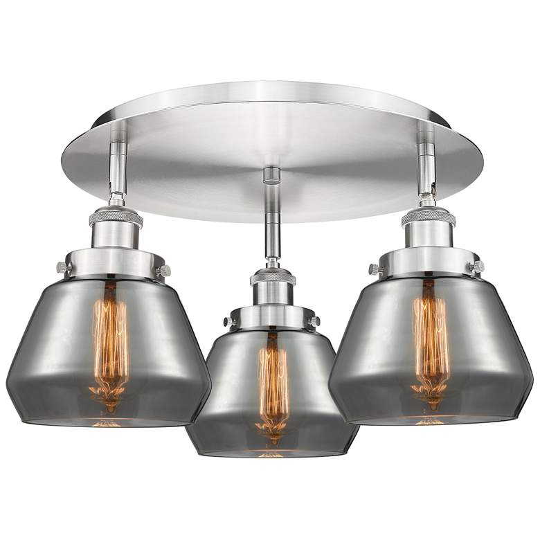 Image 1 Fulton 18.25"W 3 Light Satin Nickel Flush Mount w/ Plated Smoke Glass