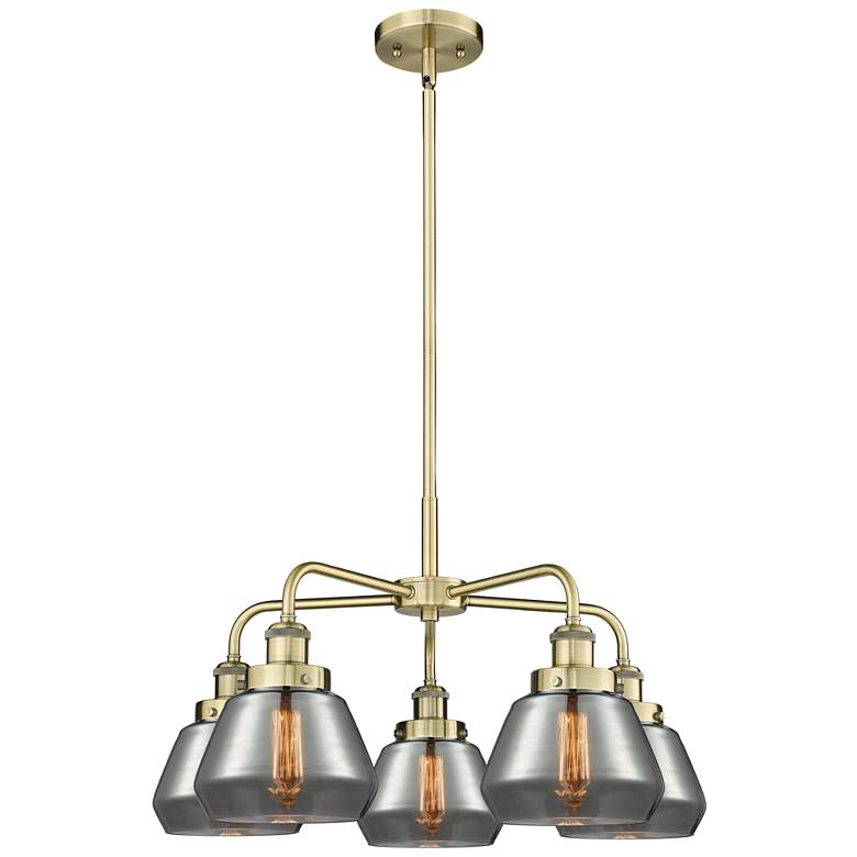 Image 1 Fulton 24.5"W 5 Light Antique Brass Stem Hung Chandelier w/ Smoke Shad