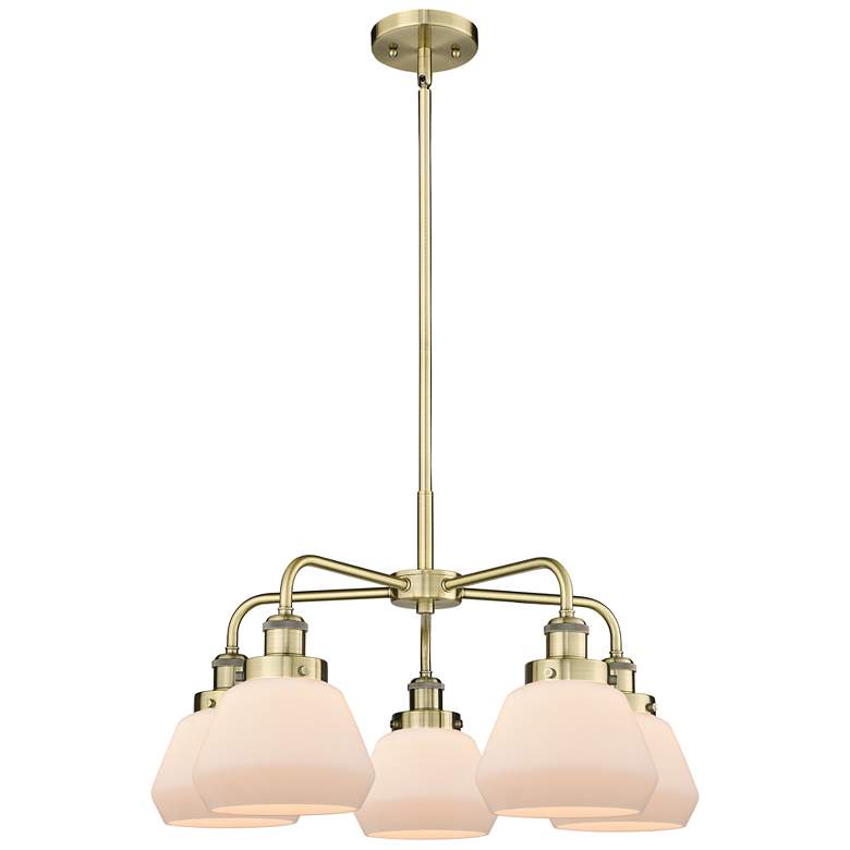 Image 1 Fulton 24.5"W 5 Light Antique Brass Stem Hung Chandelier w/ White Shad