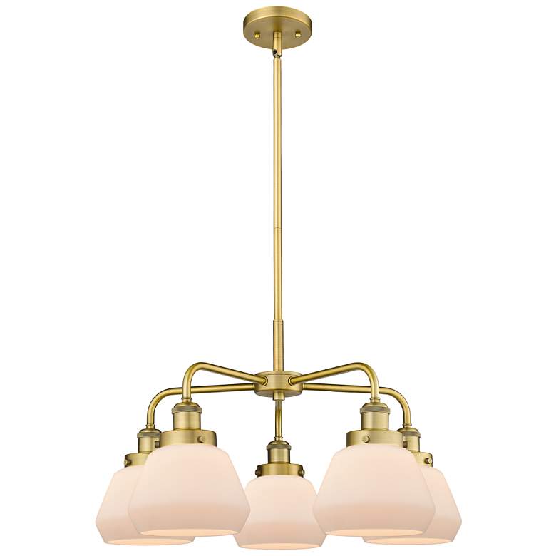Image 1 Fulton 24.5"W 5 Light Brushed Brass Stem Hung Chandelier w/ White Shad