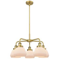 Fulton 24.5"W 5 Light Brushed Brass Stem Hung Chandelier w/ White Shad