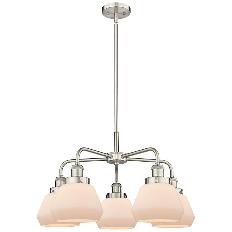 Image 1 Fulton 24.5"W 5 Light Satin Nickel Stem Hung Chandelier w/ White Shade