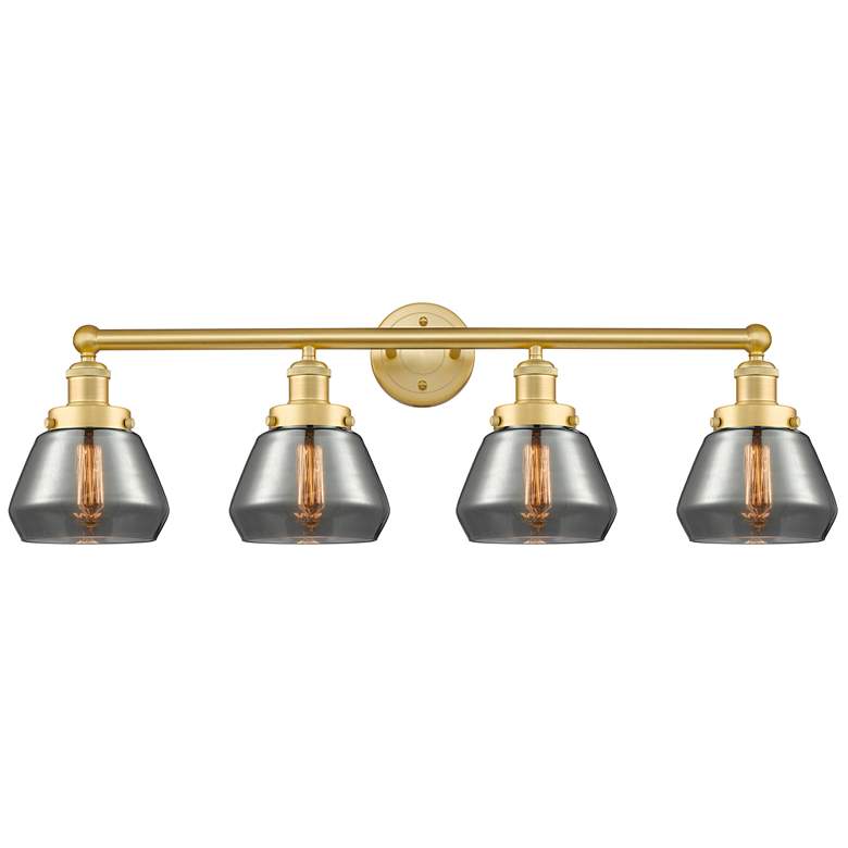 Image 1 Fulton 33.5"W 4 Light Satin Gold Bath Vanity Light w/ Plated Smoke Sha