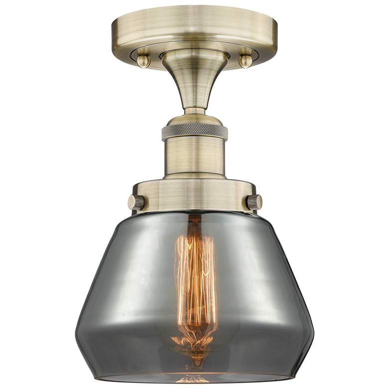 Image 1 Fulton 6.5"W Antique Brass Semi.Flush Mount With Plated Smoke Glass Sh