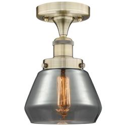 Fulton 6.5"W Antique Brass Semi.Flush Mount With Plated Smoke Glass Sh