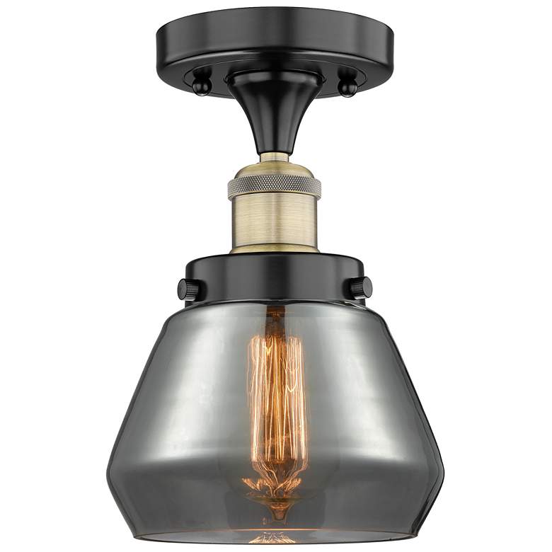 Image 1 Fulton 6.5"W Black Antique Brass Semi.Flush Mount w/ Smoke Glass Shade