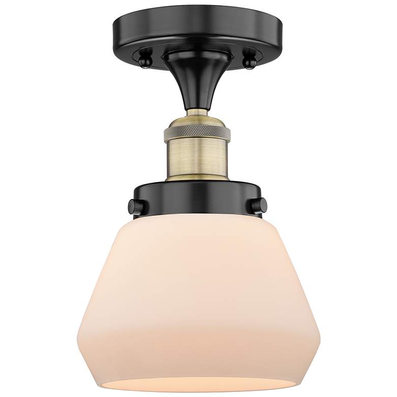 Image 1 Fulton 6.5"W Black Antique Brass Semi.Flush Mount w/ White Shade