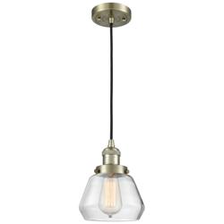 Fulton 7" Antique Brass Cord Hung Mini Pendant w/ Clear Shade