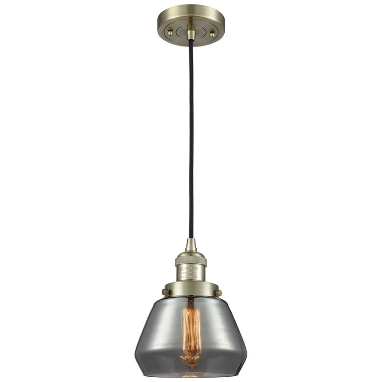 Image 1 Fulton 7" Antique Brass Cord Hung Mini Pendant w/ Plated Smoke Shade