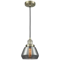Fulton 7" Antique Brass Cord Hung Mini Pendant w/ Plated Smoke Shade