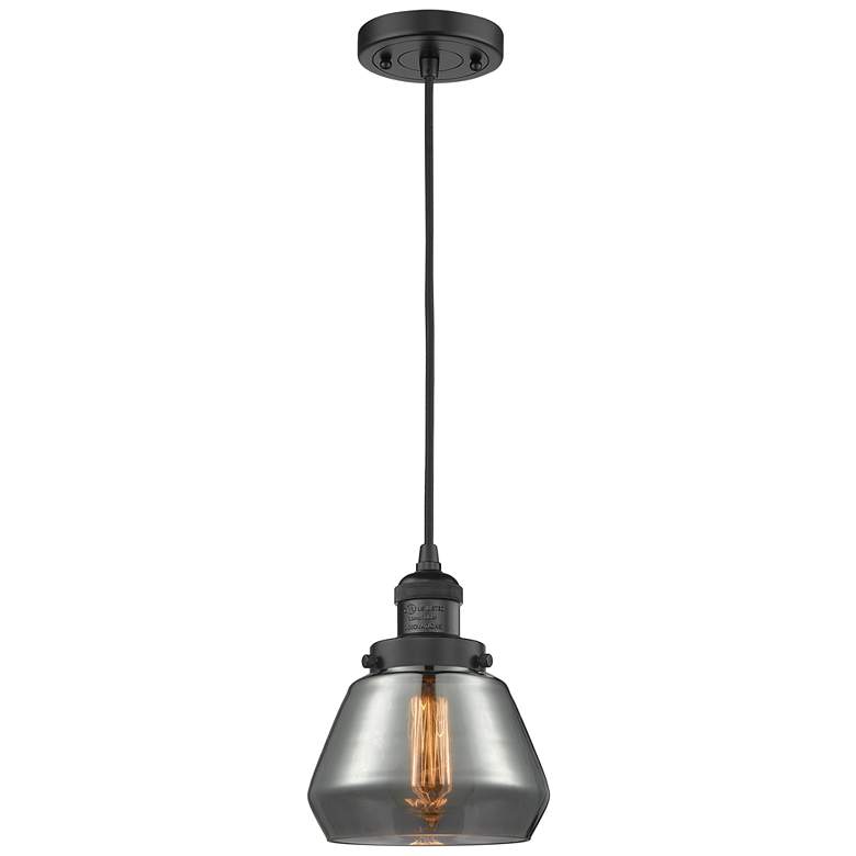 Image 1 Fulton 7" Matte Black Cord Hung Mini Pendant w/ Plated Smoke Shade