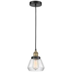 Fulton 7&quot; Wide Black Brass Corded Mini Pendant With Clear Shade