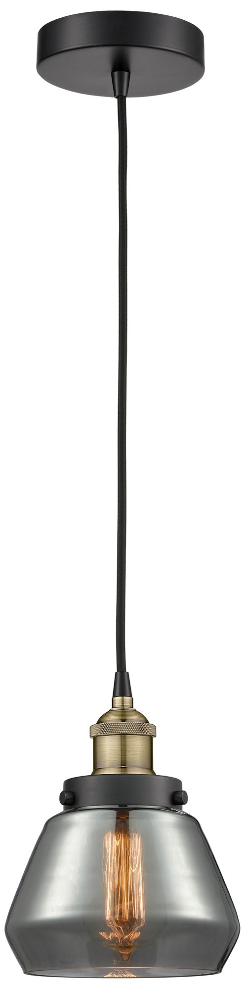 Fulton 7"W Black Brass Corded Mini Pendant w/ Plated Smoke Shade