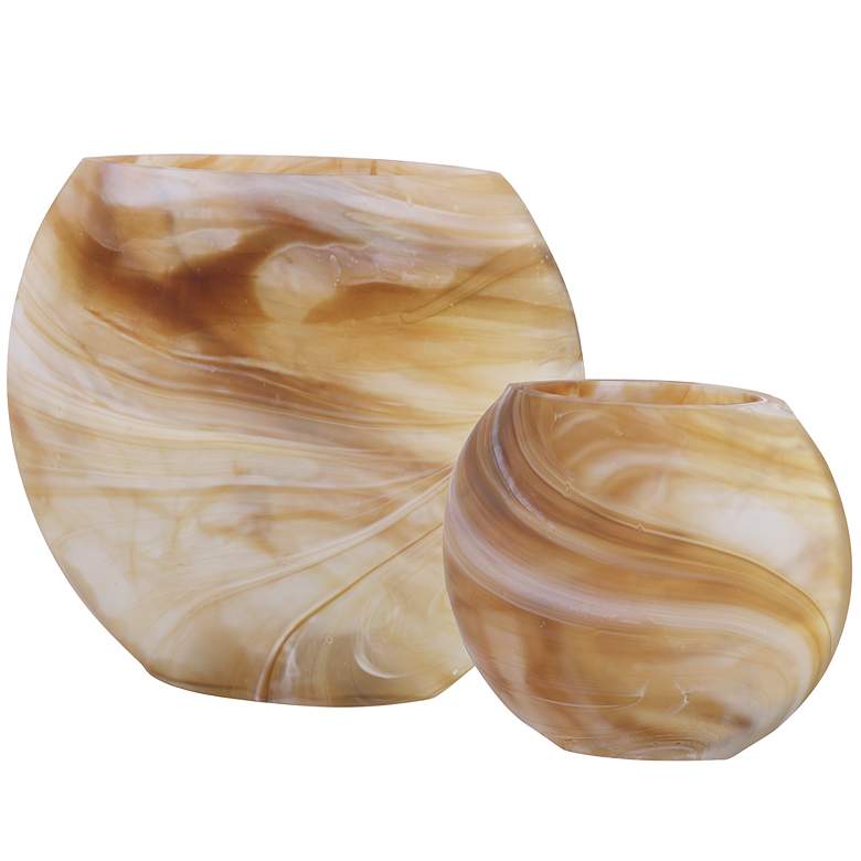 Image 1 Fusion 10 inchW Swirled Caramel Ivory Tan Glass Vases Set of 2