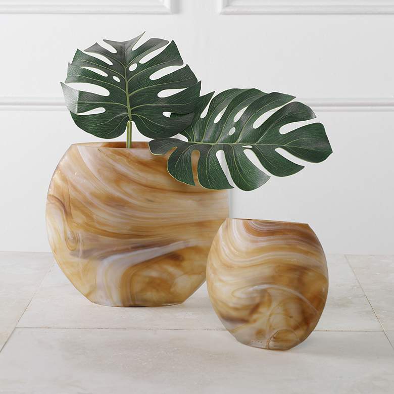 Image 3 Fusion 10"W Swirled Caramel Ivory Tan Glass Vases Set of 2 more views