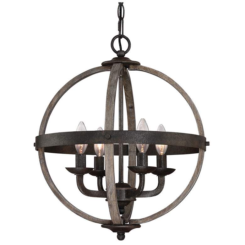 Image 1 Fusion 16 3/4"W Rustic Black And Faux Wood 4-Light Pendant