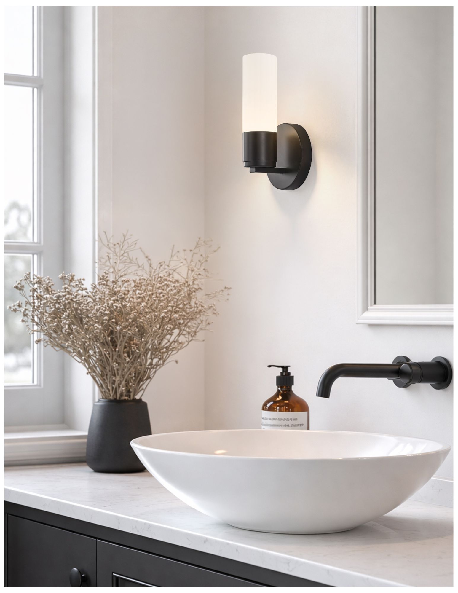 Fusion Cellini 9" High Matte Black, Ribbed Opal LED Wall Sconce