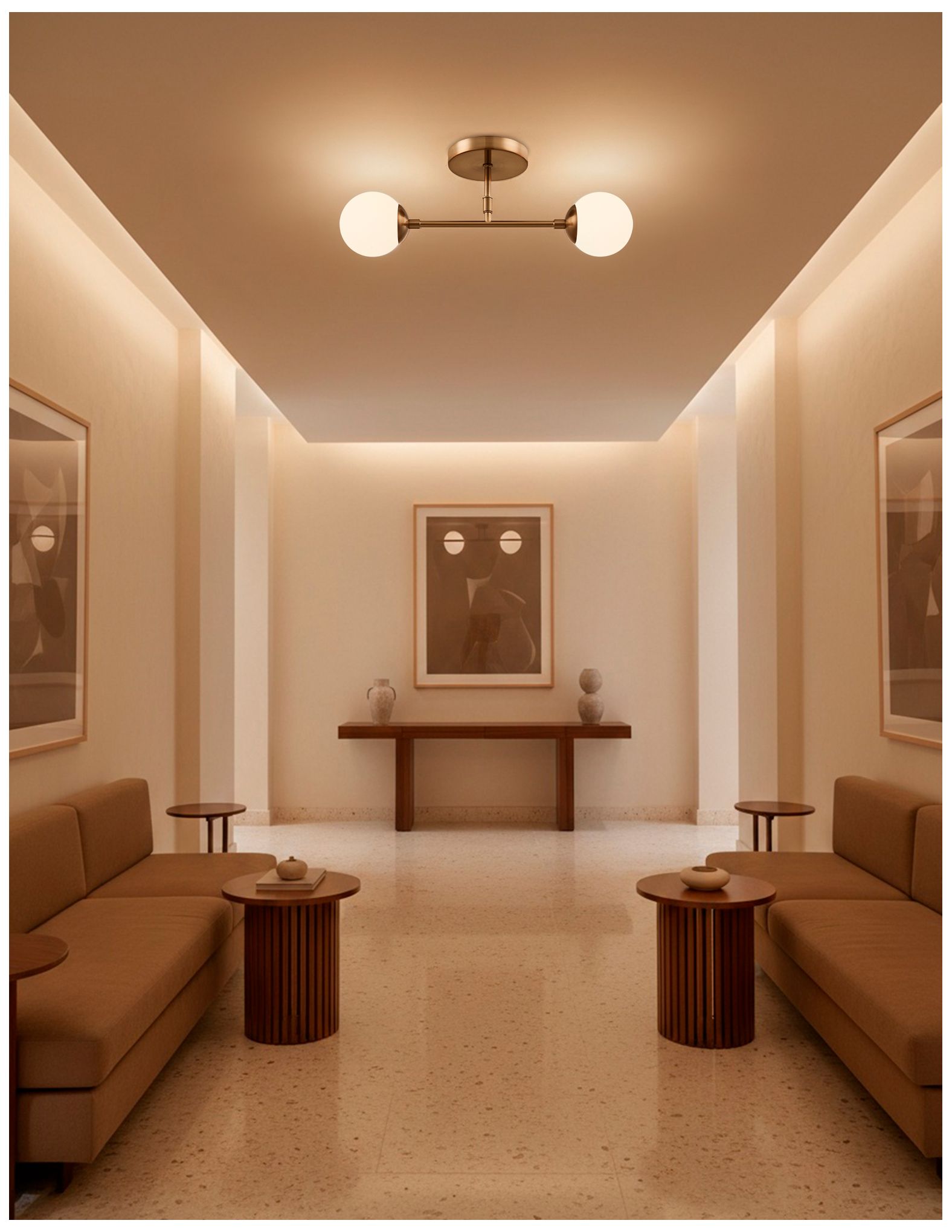 Fusion Noho 16.5" Wide 2-Light Brushed Brass, Etched Opal Semi-Flush