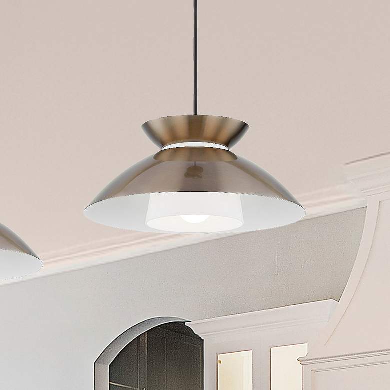 Image 1 Fusion Noreen 14.25" Wide Brushed Brass Pendant With Opal Glass Shade