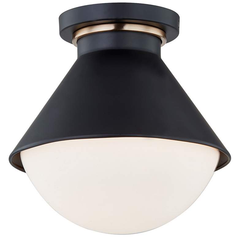 Image 1 Fusion Ravelle 10"W Matte Black And BrassOutdoor Semi-Flush w/ Opal Sh