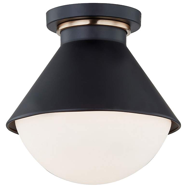 Image 1 Fusion Ravelle 7.25"W Black And Brass Outdoor Semi-Flush w/ Opal Shade
