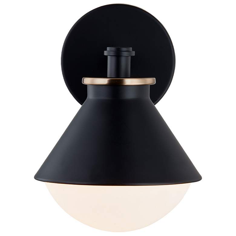 Image 1 Fusion Ravelle 9.75"H Black And Brass Outdoor Wall Sconce w/ Opal Shad