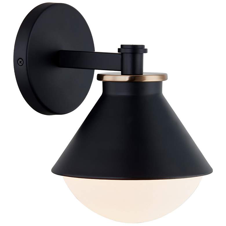 Image 2 Fusion Ravelle 9.75"H Black And Brass Outdoor Wall Sconce w/ Opal Shad more views