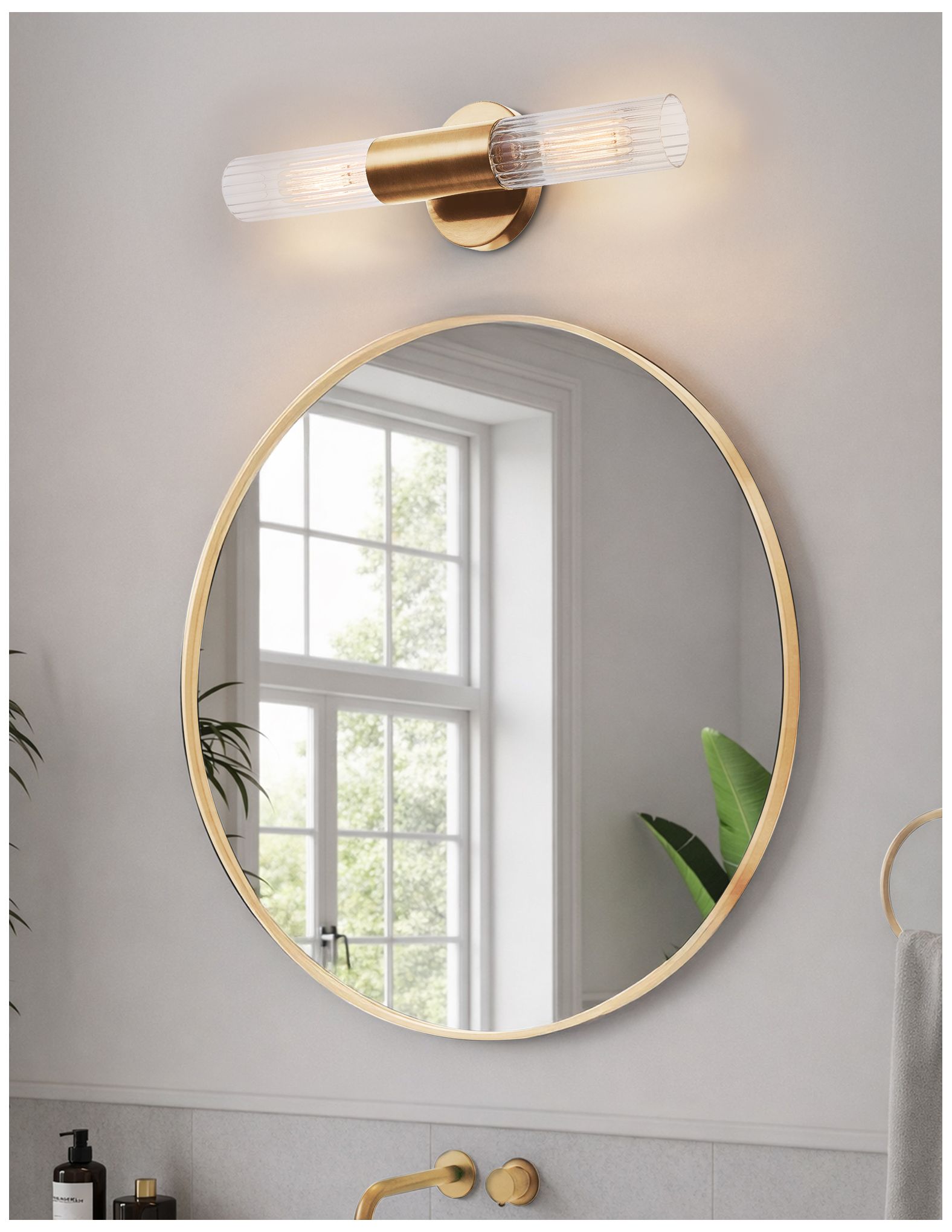 Fusion Rimini 16.75"H 2-Light Brushed Brass, Clear Ribbed Wall Sconce