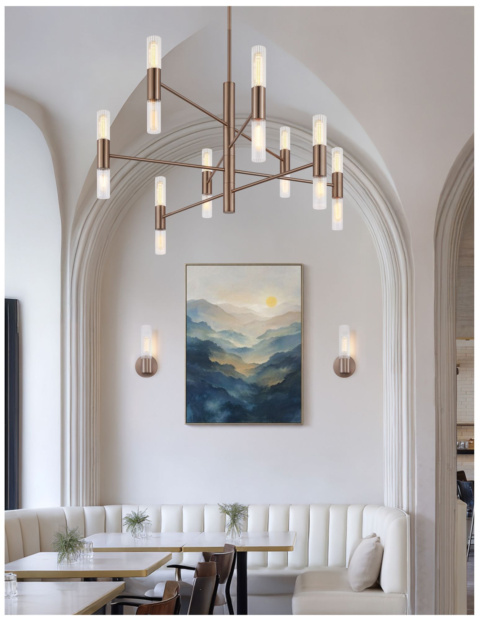 Image 5 Fusion Rimini 45" Wide 16-Light Brushed Brass, Clear Ribbed Chandelier more views