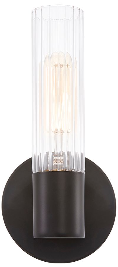 Fusion Rimini 9.25" High Matte Black, Clear Ribbed Wall Sconce