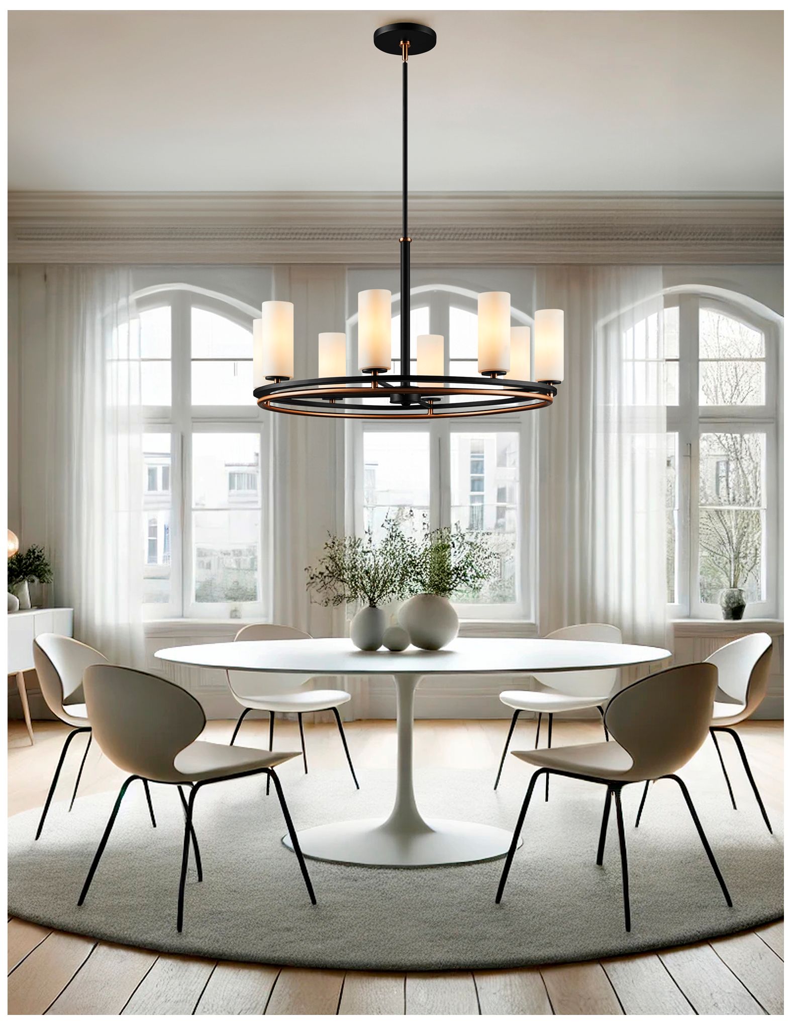 Fusion Tilburg 32.5" Wide 8-Light Matte Black, Brass, Opal Chandelier