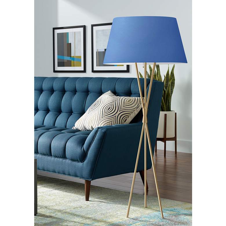 Image 1 Gabriela Aged Brass Modern Tripod Floor Lamp with Blue Fabric Shade