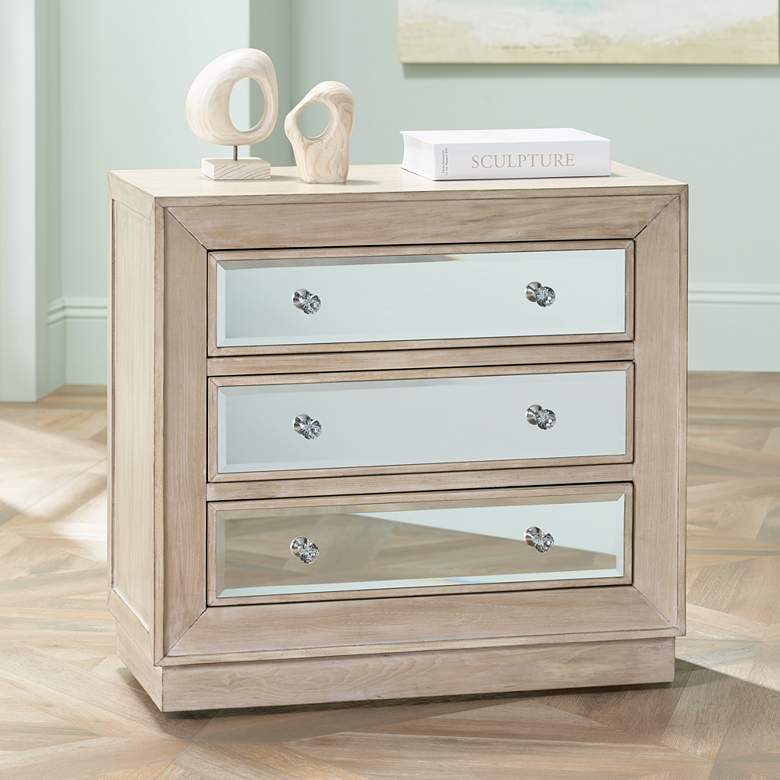 Image 1 Gabriella 32" Wide Mirrored and Oak Wood Drawer Accent Chest