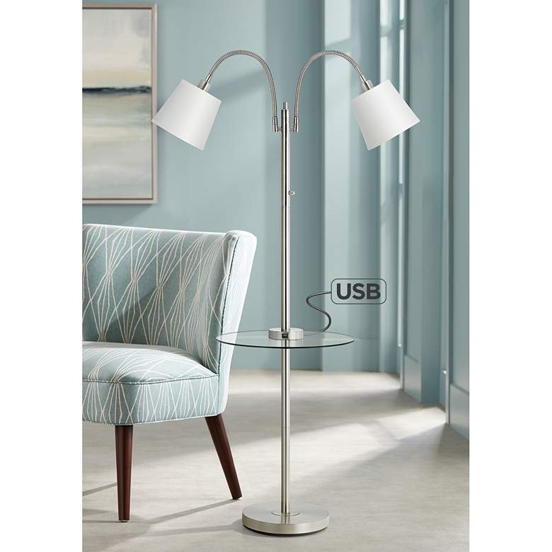 Image 1 Gail Brushed Steel Double Gooseneck Floor Lamp w/ Tray Table