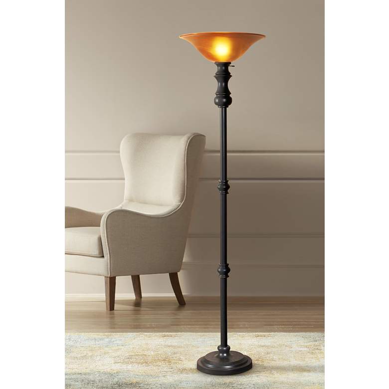 Image 1 Gainesburgh Bronze and Amber Glass Torchiere Floor Lamp