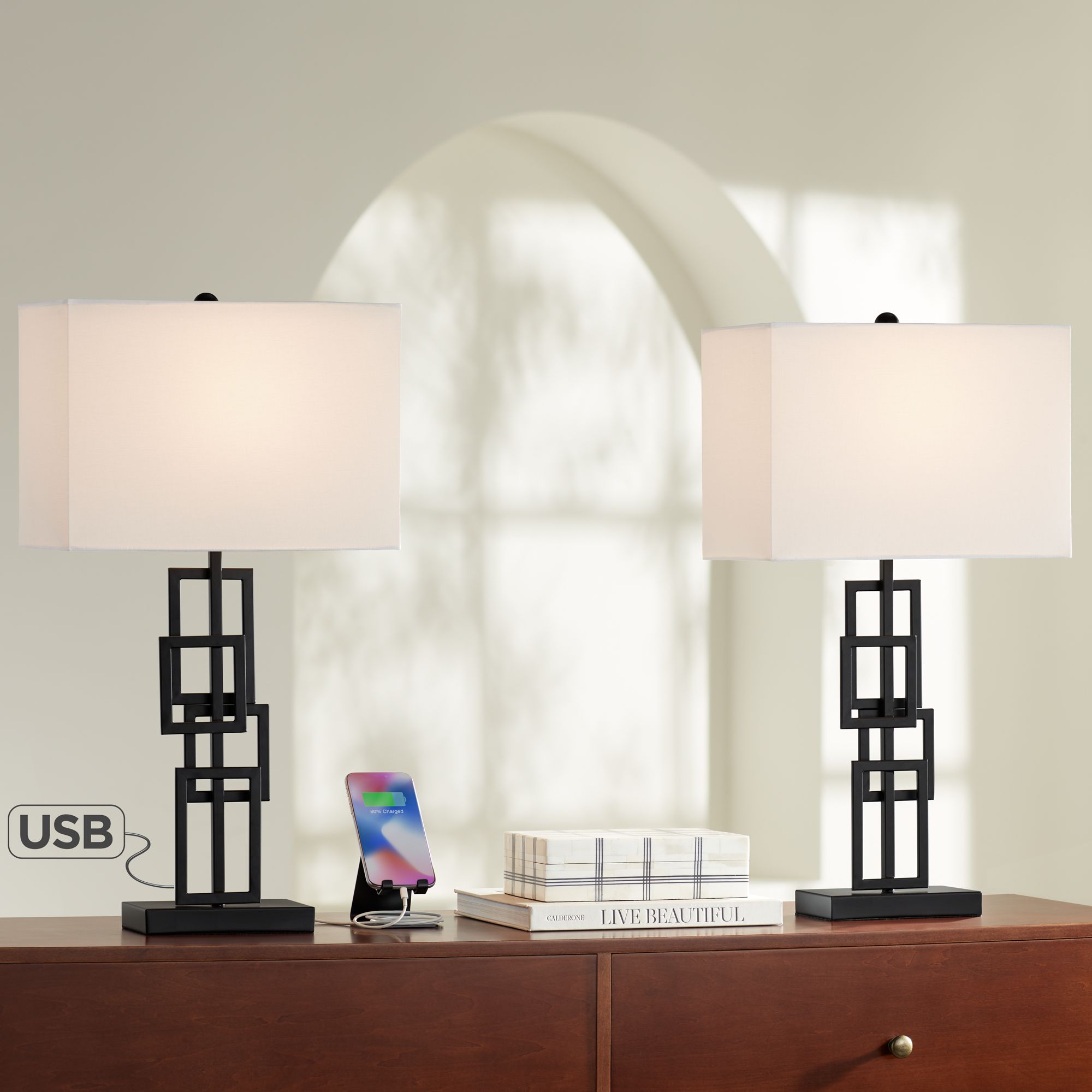Gale Black Grid Open Base Table Lamps Set of 2 with USB Ports