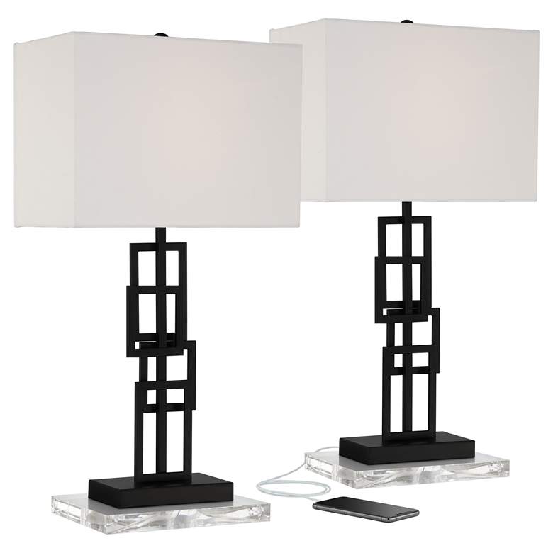 Image 1 Gale Black Grid Open Base USB Lamps Set of 2 with Clear Acrylic Risers
