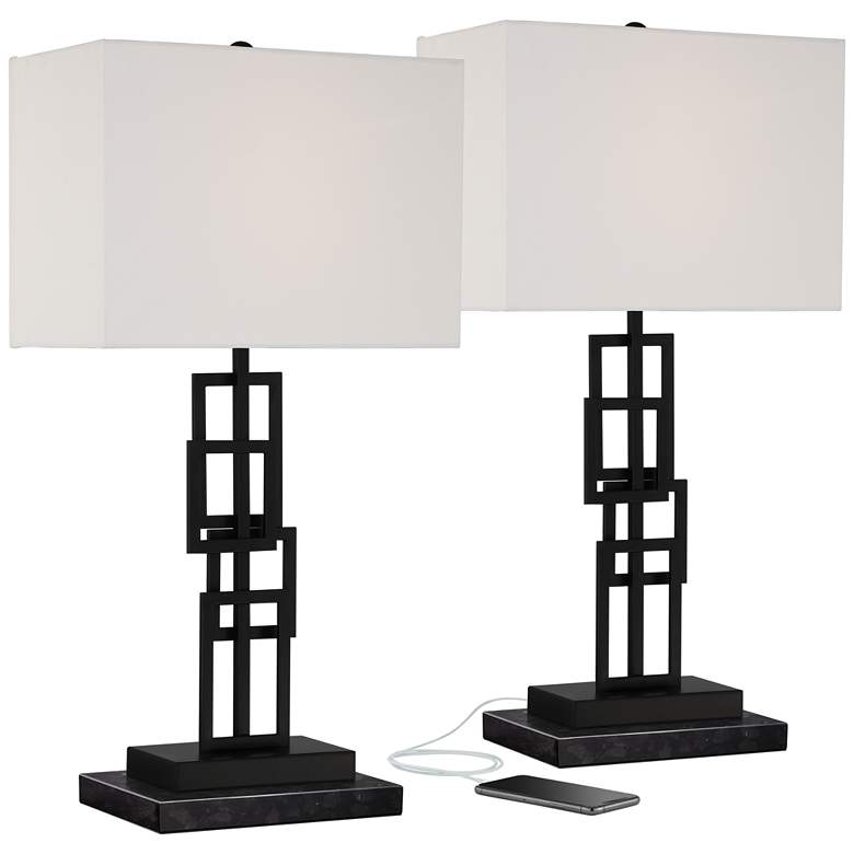 Image 1 Gale Black Grid Table Lamps with Ports with Black Marble Riser