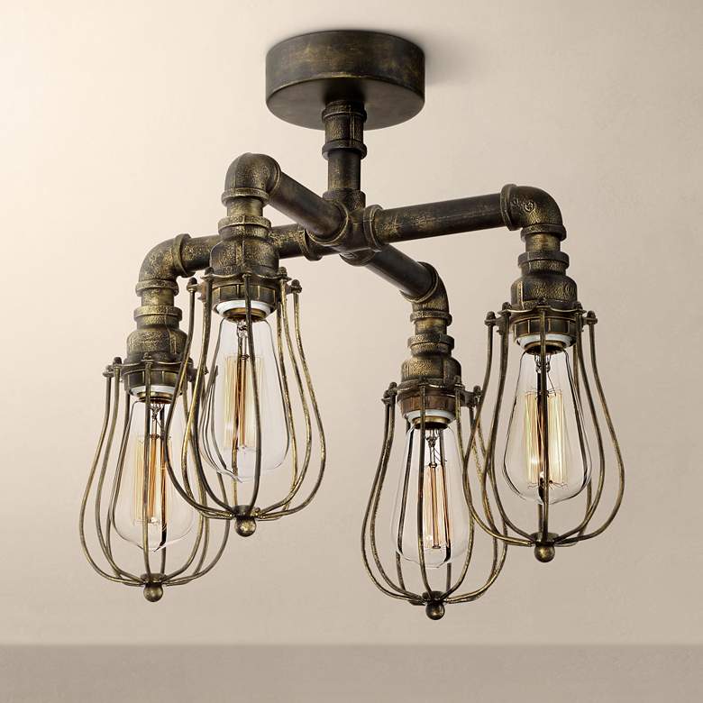 Image 1 Galena 17" Wide 4-Light Golden Bronze Pipe Ceiling Light