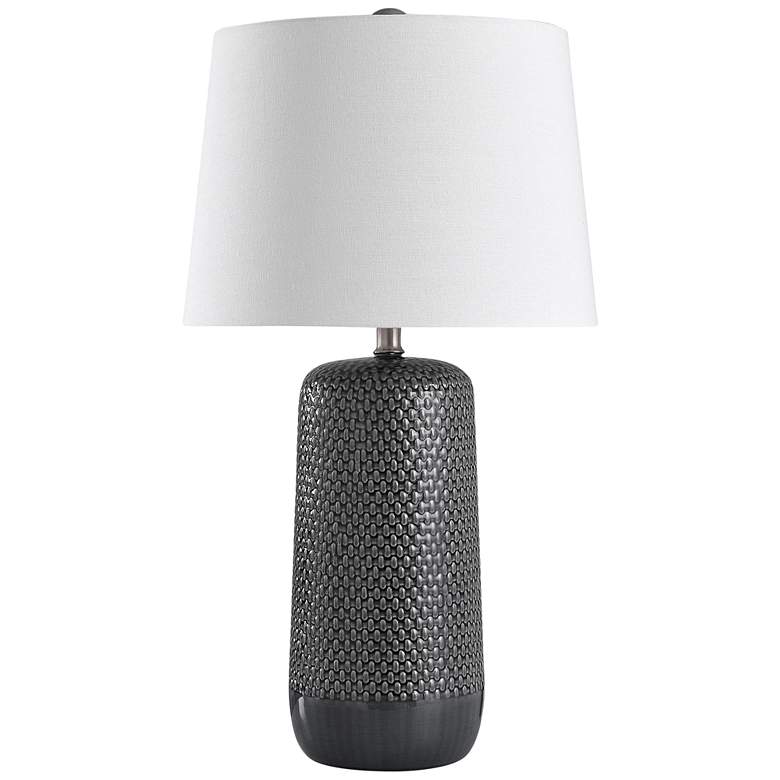 Image 1 Galey Navy Blue Woven Wicker Textured Ceramic Table Lamp