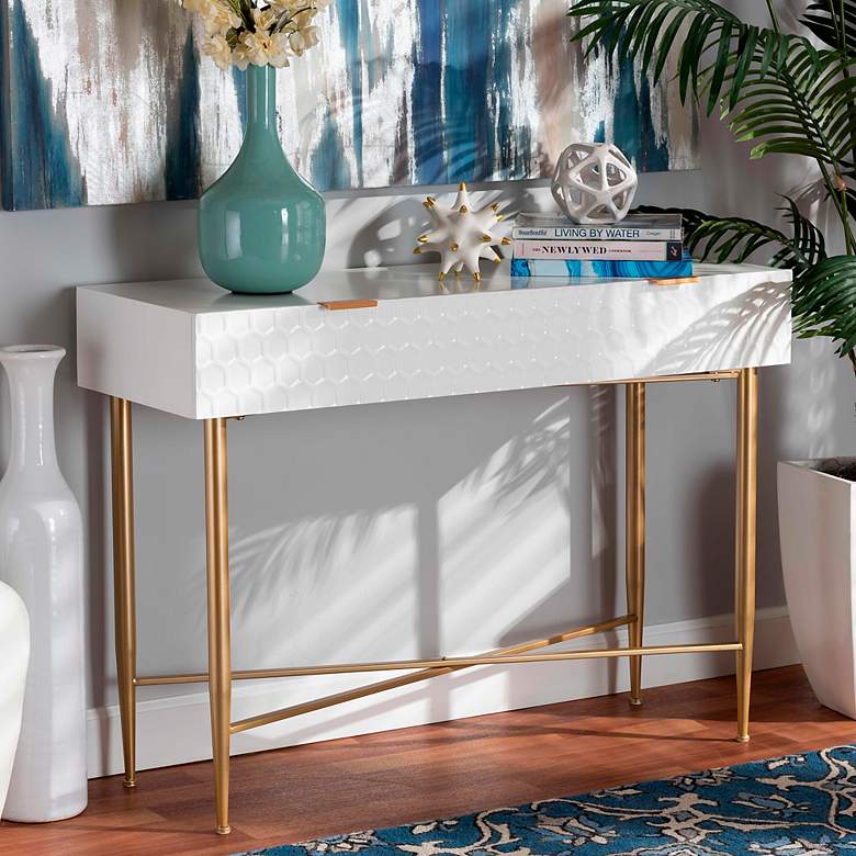 Image 1 Galia 41 3/4 inchW White Wood Gold Metal 1-Drawer Console Table