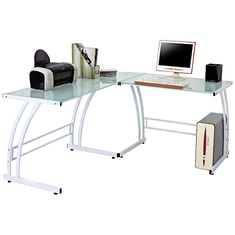 Image 1 Gamma 70" Wide Modern White Metal and Glass Work Station