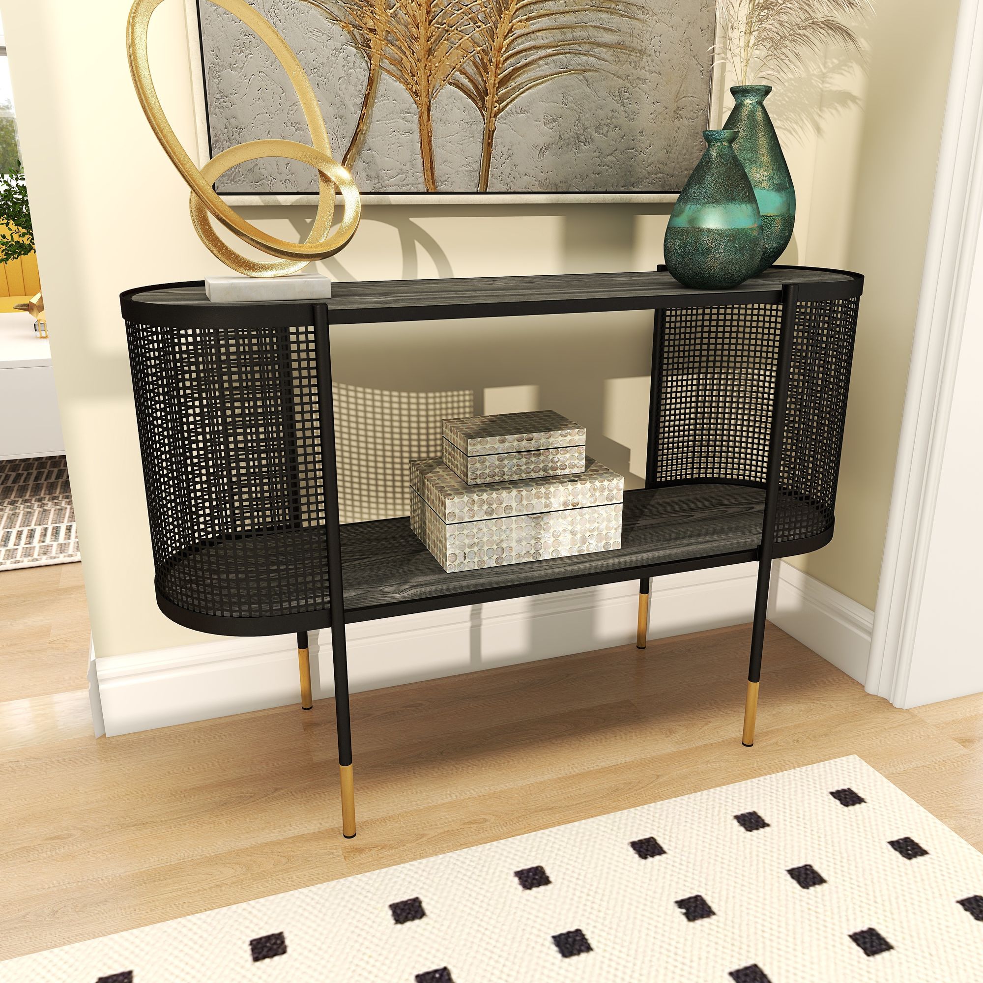 Gandolph 47"W Black Metal Mesh Side 1-Shelf Console Table