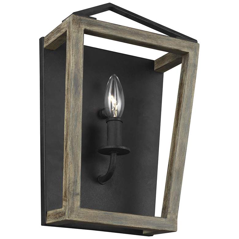Image 1 Gannet 14 1/4 inchH Weathered Oak and Forged Iron Wall Sconce