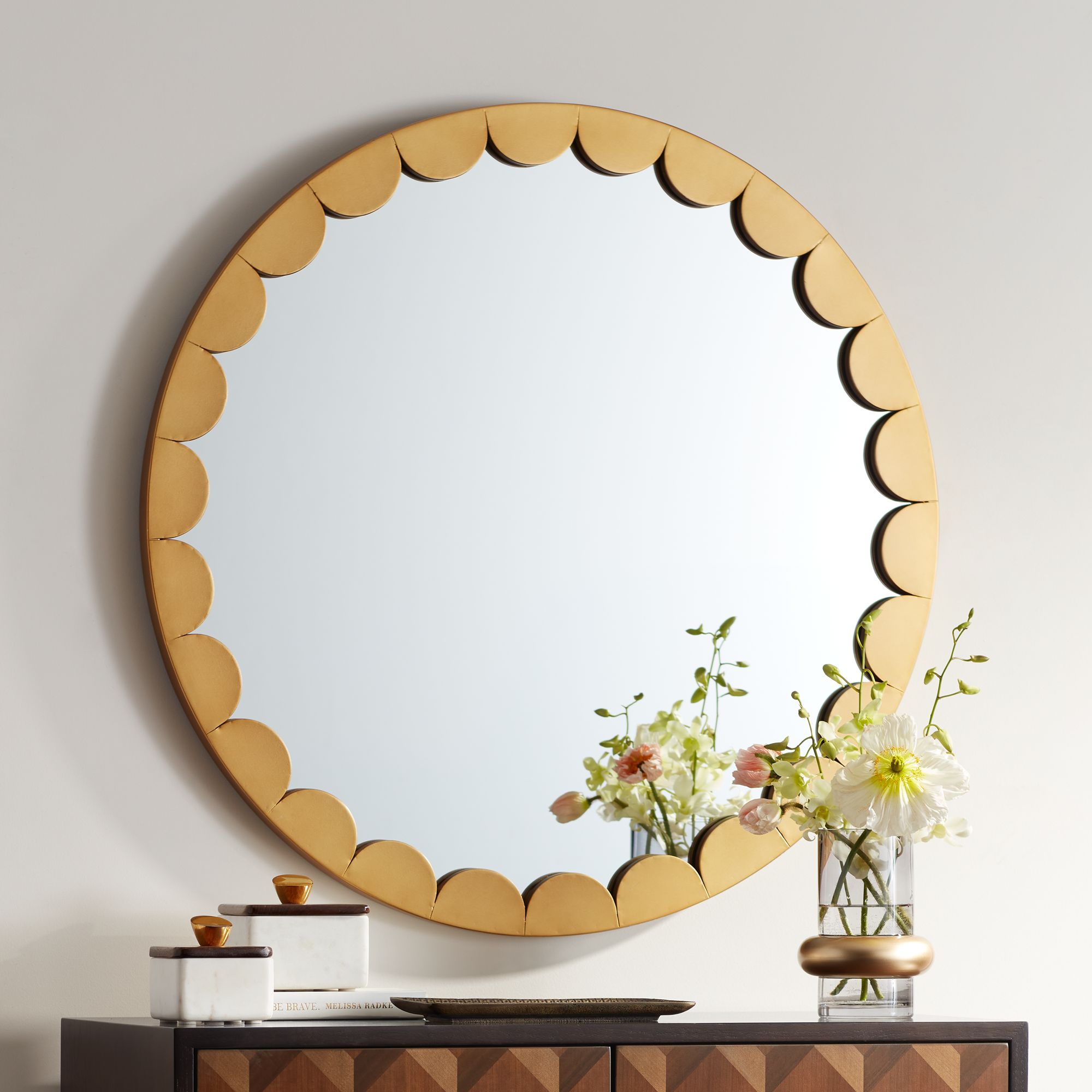 Garbo Matte Gold 32" Round Scalloped Edge Mirror - #99C00 | Lamps Plus