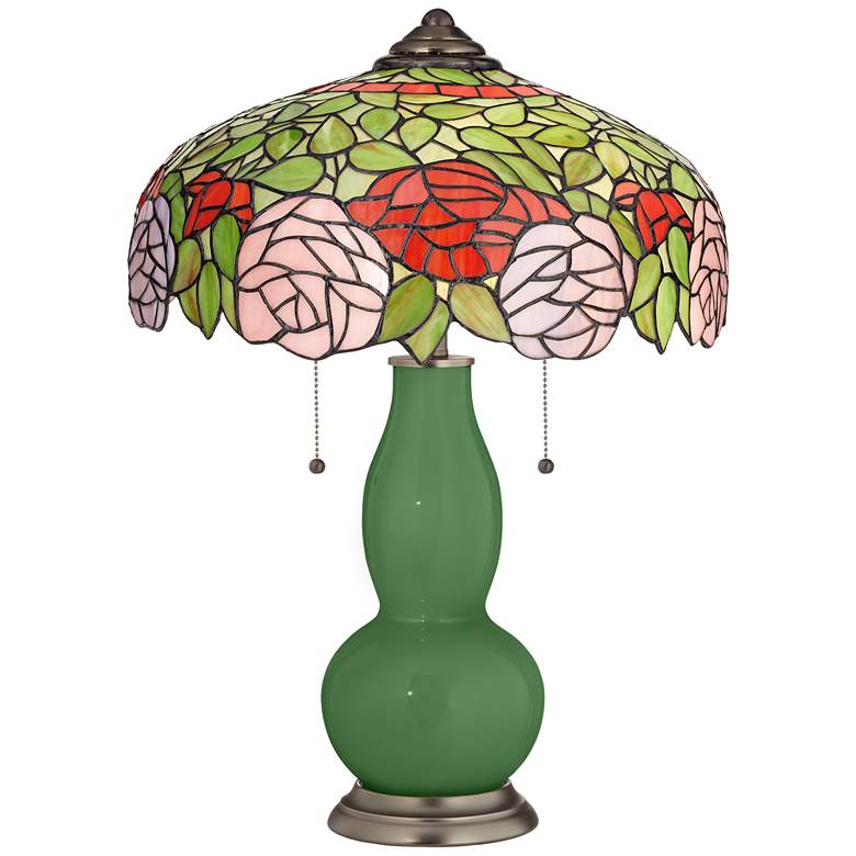 Image 1 Garden Grove Gourd Tiffany-Style Table Lamp with Rose Bloom Shade