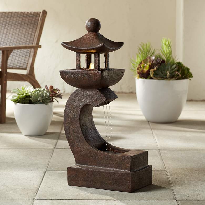 Image 1 Garden Pagoda 31 inch High Rust LED Lighted Outdoor Fountain