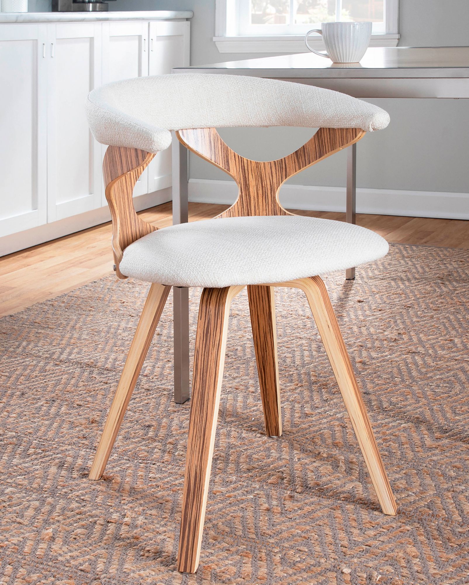 Gardenia Cream Fabric and Zebra Wood Modern Swivel Dining Chair