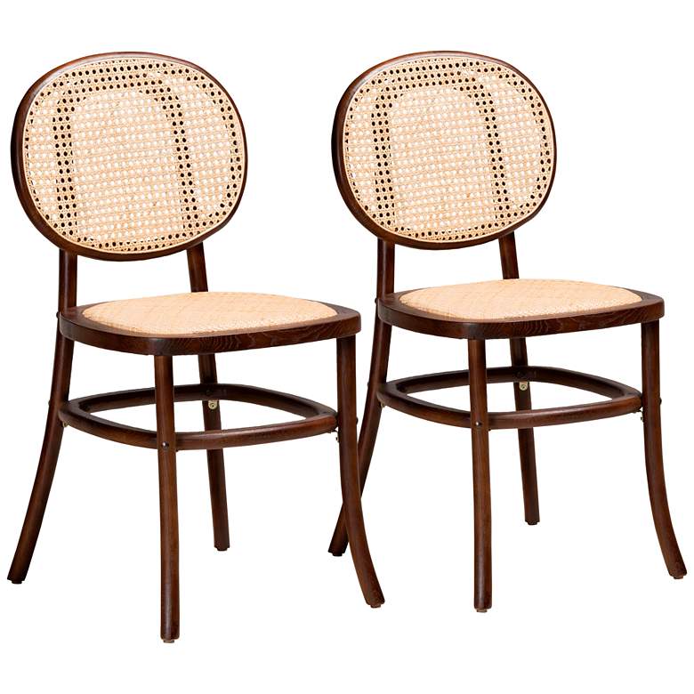 Image 2 Garold Beige Rattan Walnut Brown Wood Dining Chairs Set of 2